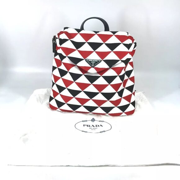 PRADA triangle logo plate Signeau print bag Backpack Nylon Red/White x Black - Picture 2 of 16